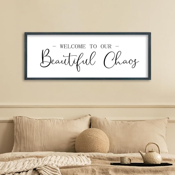 FZMHASLWW Welcome To Our Beautiful Chaos Sign Wall Decor 32"×12" Family Wooden Plaque for Living Room Entryway Hanging Wall Art (Black)