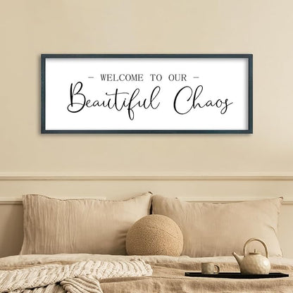 FZMHASLWW Welcome To Our Beautiful Chaos Sign Wall Decor 32"×12" Family Wooden Plaque for Living Room Entryway Hanging Wall Art (Black)