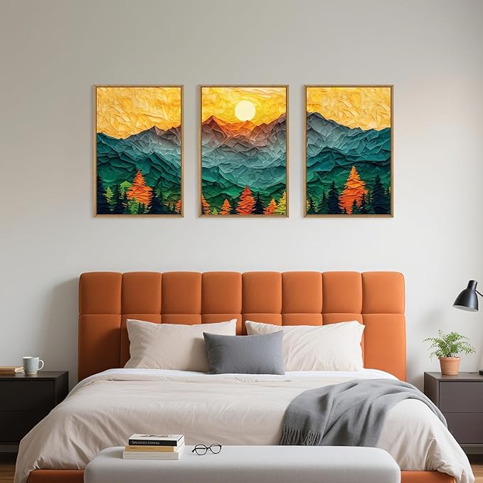 Abstract Mountain Framed Canvas Wall Art Set, Forest Pine Tree Golden Sunset Wall Decor, Mixed Patchwork Landscape Art Print for Living Room, Bedroom, Dining Room, Office-16 x24 x3