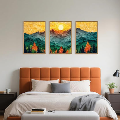 Abstract Mountain Framed Canvas Wall Art Set, Forest Pine Tree Golden Sunset Wall Decor, Mixed Patchwork Landscape Art Print for Living Room, Bedroom, Dining Room, Office-16 x24 x3