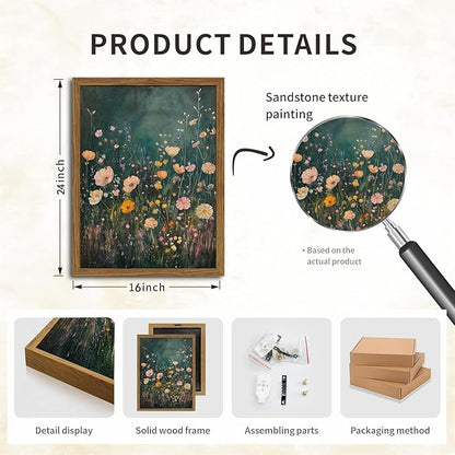 Dark Wildflower Wall Art Vintage Moody Flower Botanical Wall Decor Painting Cottagecore Floral Plant Artwork 3D Textured Sandstone for Living Room Bedroom 16x24 inch Wood Framed