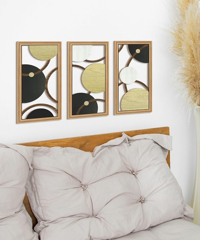 Putuo Decor Modern Geometric Cut-Out Wall Art Set of 3, Black Gold Circle Wall Panels for Living Room Bedroom Office, 3D Layered Abstract Metal Look Wall Decor