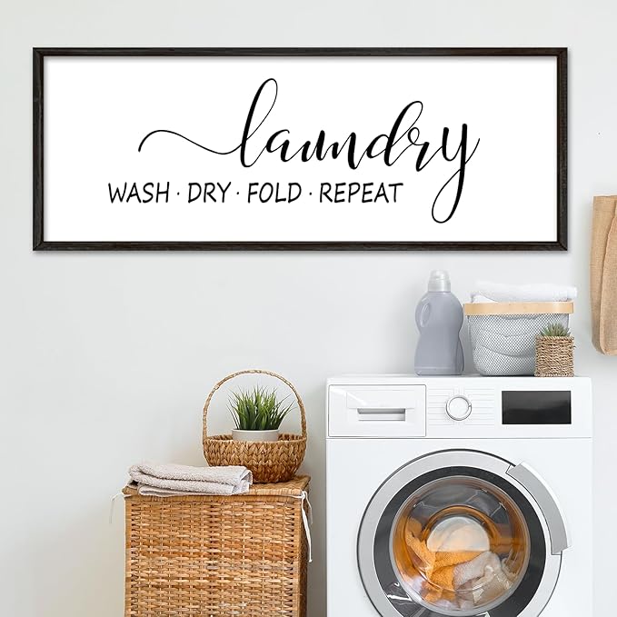Laundry Room Wall Decor Sign 40"×15" Bathroom Laundry Rules Wash Dry Fold Repeat Large Wood Framed Wall Hanging Art (Black)