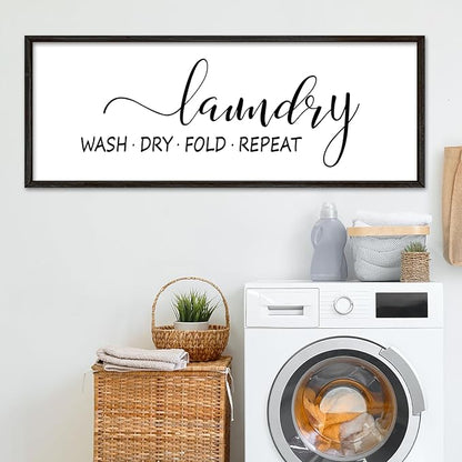 Laundry Room Wall Decor Sign 32"×12" Bathroom Laundry Rules Wash Dry Fold Repeat Large Wood Framed Wall Hanging Art (Black)