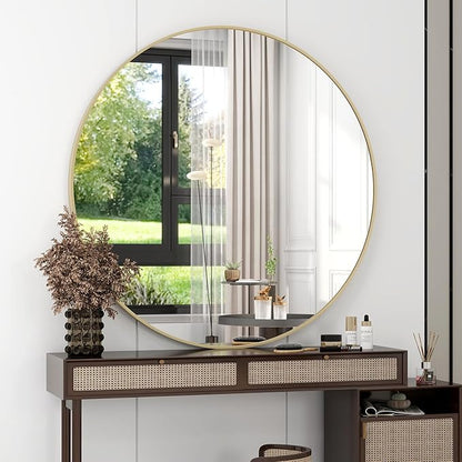 EASLY 32'' Round Mirror, Gold Bathroom Wall Mirror with Metal Frame for Entryway, Living Room, Vanity, Bedroom