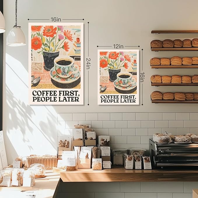 GELDSTEI Framed Retro Coffee Wall Art, Vintage Cafe Wall Decor, Coffee First People Later Canvas Painting, Classical Cafe Bar Poster Print for Kitchen Dining Room Home Office Ready to Hang 16x24 Inch