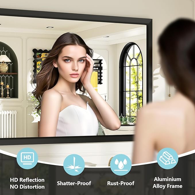 60x30 Inch Black Bathroom Mirror for Wall, Beveled Framed Rectangle Bathroom Vanity Mirrors for Over Sink, Bedroom, Living Room, Entryway, Anti-Rust, HD Tempered Glass, Horizontally/Vertically