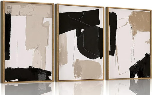 myusuar 3 Piece Large Modern Abstract Canvas Framed Wall Art For Living Room, Black And Beige Blocks Minimalist Wall Art Decor Posters Prints For Bedroom Office, 24x36in