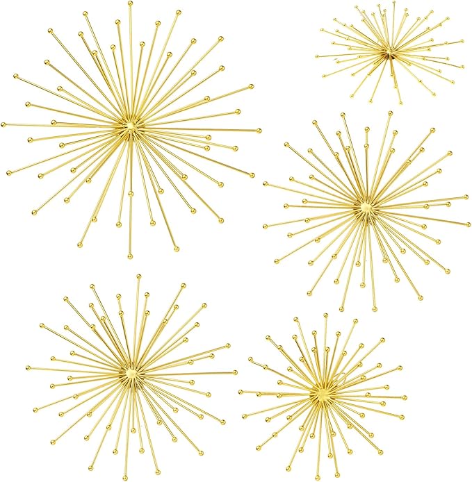Shimeyao 4 Pcs Metal Starburst Wall Decor Gold Metal Wall Art 3D Spike with Orb Finish Star Burst Hangings Accents Sculptures Set Modern Mid-Century Decorations for Living Room Bedroom Entryway