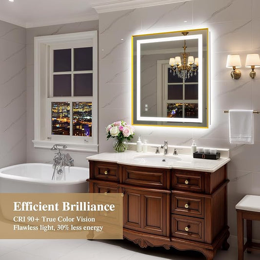 30X36 Inch LED Bathroom Mirror with Lights, Gold Frame Frontlit+ Backlit Bathroom Vanity Mirror for Wall, Ultra-Clear Tempered Glass, Shatter-Proof, Anti-Fog and Memory Function, ETL Listed