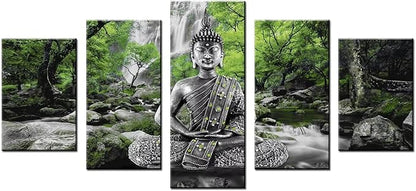 AWLXPHY Decor Buddha Waterfall Wall Art Canvas Painting Framed 5 Panels for Living Room Decoration Modern Landscape Buddha Trees Zen Stretched Artwork Giclee (Green, 80"x40")