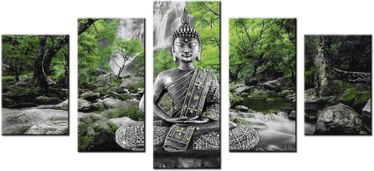 AWLXPHY Decor Buddha Wall Art Canvas Painting Framed 5 Panels for Living Room Decoration Modern Landscape Buddha Waterfall Trees Zen Stretched Artwork Giclee (Green, 40"x20")