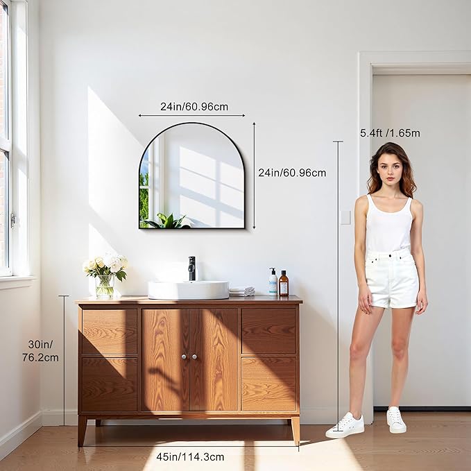 CIRCUMI Arched Wall Mirror, 24"x24" Black Arched Mirror with Tempered Glass, Metal Frame, Large Size for Entryway Table, Mantel,Living Room,Over Sink,Arch Mirror for Decor,Shatterproof&Crystal-Clear