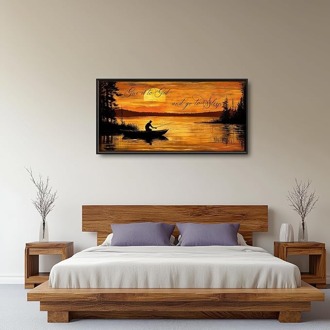 Fishing Large Wall Art for Living Room Farmhouse Give It to God and Go to Sleep Canvas Decor Rustic Fisherman Prints Painting Pictures Extra Large Farm Fish Sunset Framed Artwork for Bedroom 30"x60"