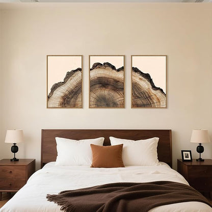 KAIRNE Vintage Tree Rings Framed Canvas Wall Art Set, Retro Wood Stump Wall Decor, Neutral Tree Spiral Art Prints, Modern Annual Ring Artwork for Living Room, Bedroom, Farmhouse, Office-16 x24 x3