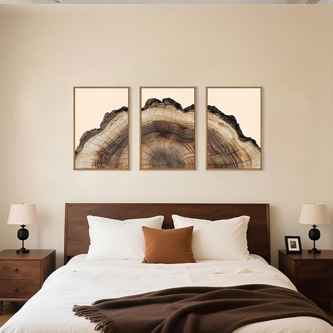 KAIRNE Vintage Tree Rings Framed Canvas Wall Art Set, Retro Wood Stump Wall Decor, Neutral Tree Spiral Art Prints, Modern Annual Ring Artwork for Living Room, Bedroom, Farmhouse, Office-24 x36 x3