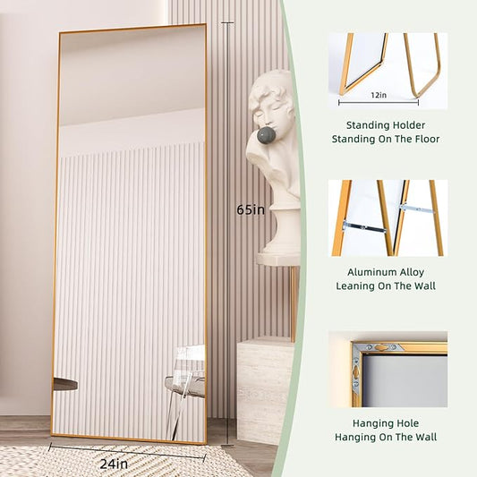 Beauty4U 65" x 24" Full Length Mirror with Stand, Gold Wall Mounting Full Body Mirror, Metal Frame Full-Length Tempered Mirror for Living Room, Bedroom