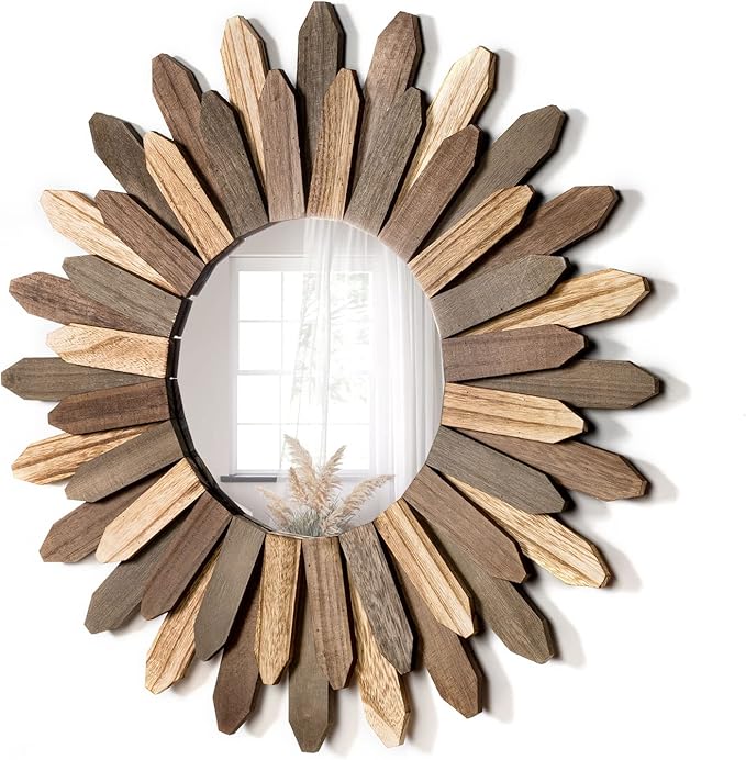 Honiway Boho Wall Decor 21 inch Wall Mirror Rustic Wood Decorative Mirror for Room Decor Rustic Home Decor Farmhouse Wall Decor at Living Room Bedroom Bathroom Hallway Trilcolor