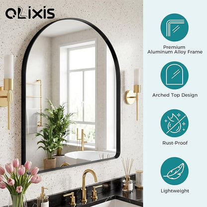 OLIXIS Arched Bathroom Mirror for Over Sink, 34x32 Inch Wall Mirror Arched Rounded Rectangle, Modern Wall Mount Vanity Mirror with Matte Metal Deep Framed, for Home Decor, Living Room, Black