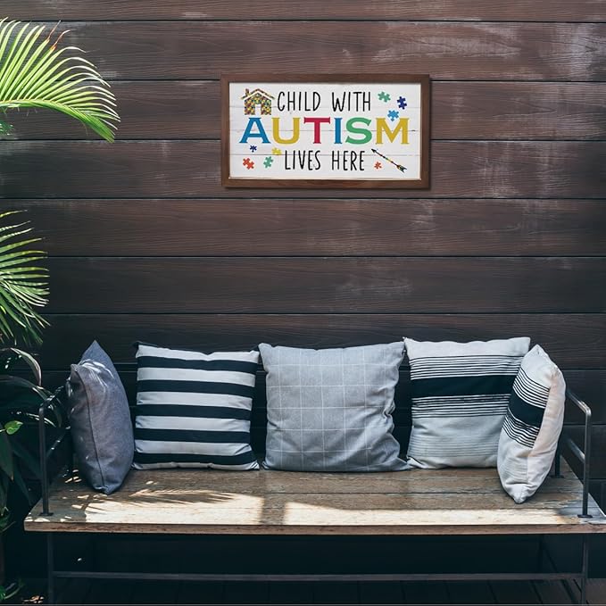 Autism Awareness Wood Sign, Decorative Wooden Wall Plaque, Autistic Decoration for Home Indoor Outdoor, Rustic Farmhouse Wall Decor, Child With Autism Lives Here Sign, 15×7.5×0.3 inches