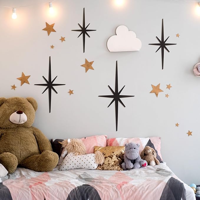 Blulu 4 Pcs Cast Iron Starburst Shaped Wall Decor Metal Mid Century Modern Decor Retro Atomic Stars Wall Art Elegance Accents Vintage Celestial Whimsigoth Hangings for Home Office Room(Dark Gray)