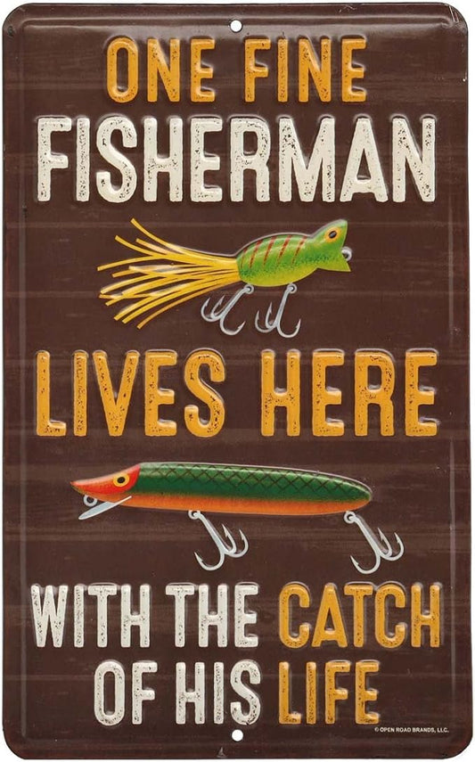Fisherman With the Catch of His Life Embossed Metal Sign - Funny Fishing Wall Art for Garage, Lake House or Man Cave