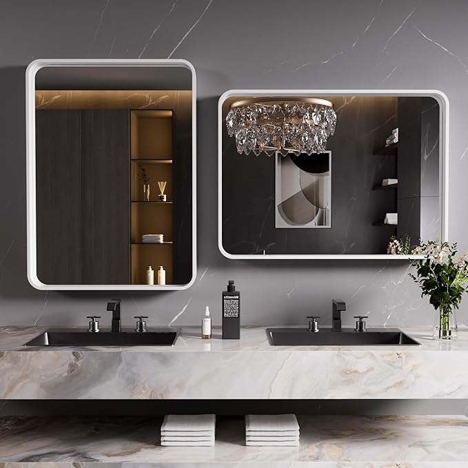 JISOSO White Bathroom Mirror 20x30 Inch, White Metal Framed Bathroom Mirror for Wall, Rounded Rectangle Matte Bathroom Vanity Mirror, Tempered Glass, Anti-Rust, Horizontal/Vertical