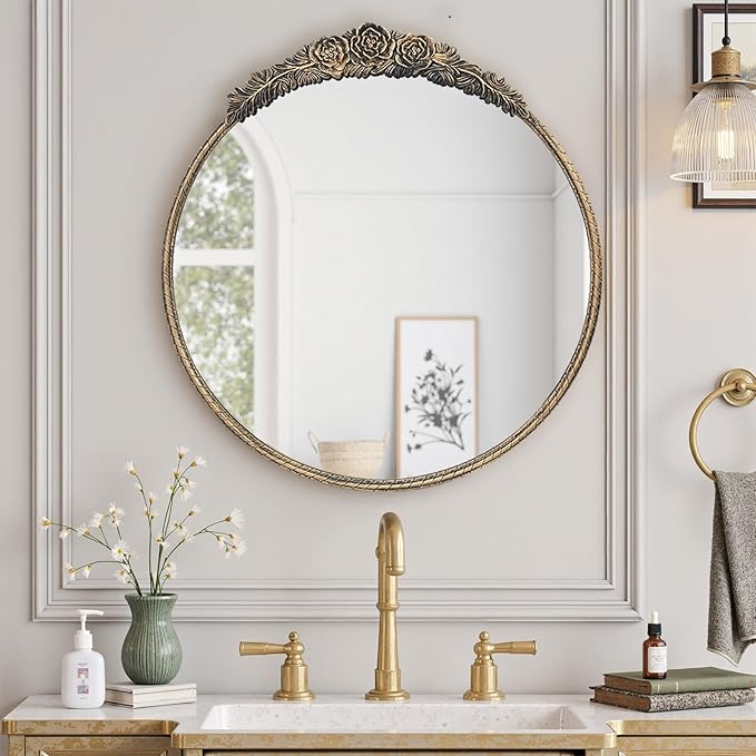 Growsun Round Wall Mirror with Vintage Black Floral Frame – 28 Inch Decorative Wall Mirror for Living Room, Bedroom, Entryway, Bathroom Vanity – Elegant Antique Accent Home Décor