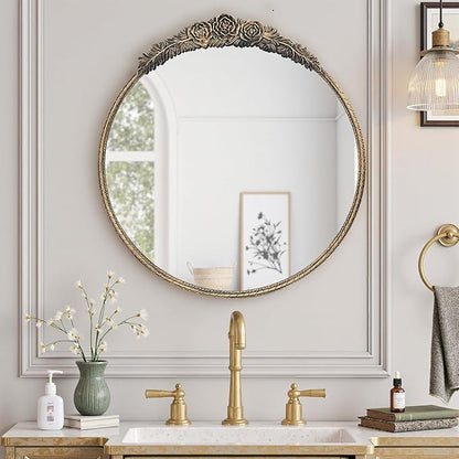 Growsun Round Wall Mirror with Vintage Black Floral Frame – 28 Inch Decorative Wall Mirror for Living Room, Bedroom, Entryway, Bathroom Vanity – Elegant Antique Accent Home Décor