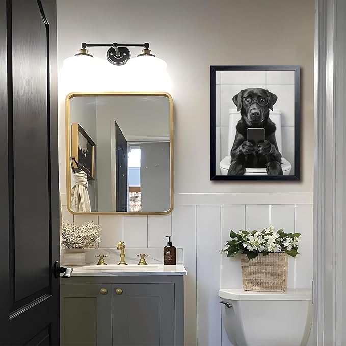 Black and White Bathroom Wall Art, Funny Labrador Dog Canvas Prints Poster, Cute Animal Sitting on Toilet Looking at Phone Picture, Modern Farmhouse Restroom Bathroom Home Wall Decor 16x24 Inch Framed
