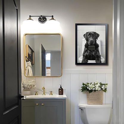 Black and White Bathroom Wall Art, Funny Labrador Dog Canvas Prints Poster, Cute Animal Sitting on Toilet Looking at Phone Picture, Modern Farmhouse Restroom Bathroom Home Wall Decor 16x24 Inch Framed