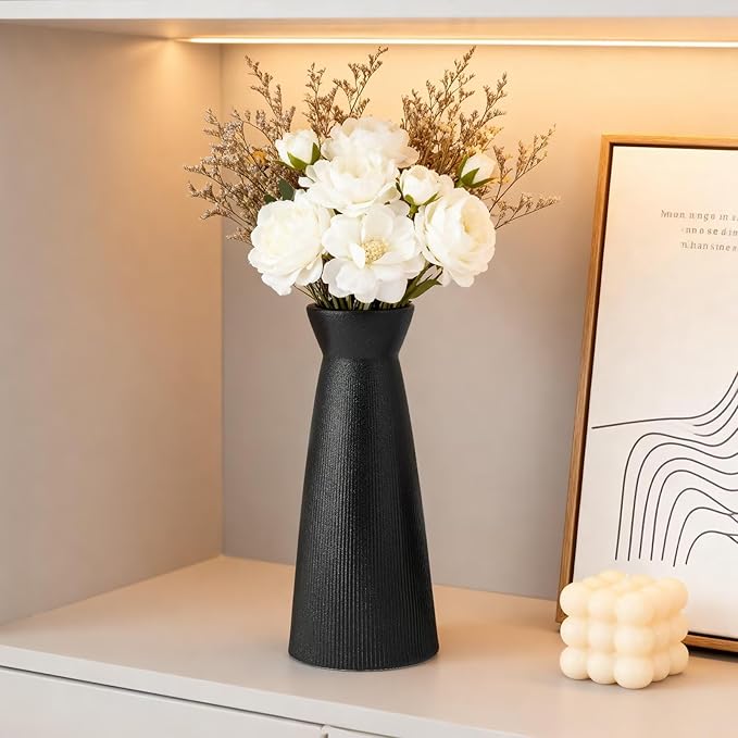 Black Ceramic Flower Vases Set of 3, Valentine's Day Gift Vases with Vertical Stripe Texture, Modern Decorative Vases for Dried Flowers, Home Decor Vases for Living Room Bedroom Kitchen Shelf