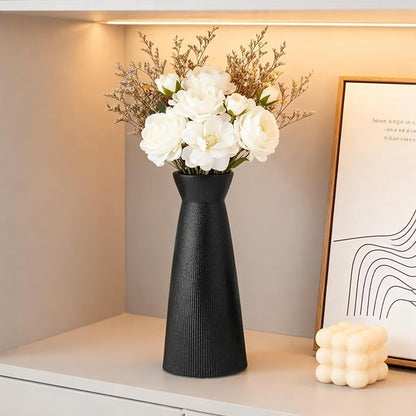 Black Ceramic Flower Vases Set of 3, Valentine's Day Gift Vases with Vertical Stripe Texture, Modern Decorative Vases for Dried Flowers, Home Decor Vases for Living Room Bedroom Kitchen Shelf