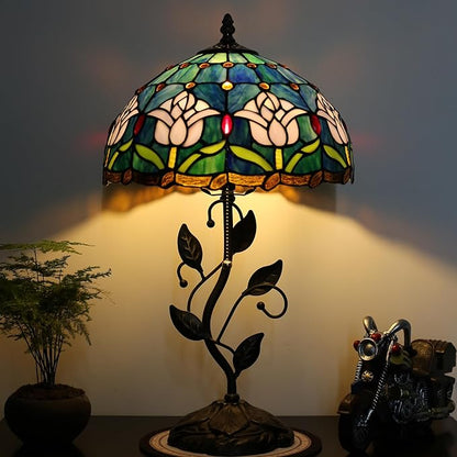 Tiffany Lamp Stained Glass Style Table Lamp Pink Tulips Style Bedside Desk Reading Light W12H19 Inch Metal Leaf Base with Metal Leaf Base