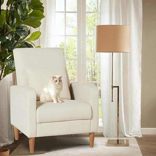 COLAMY Mid-Century Modern Upholstered Accent Chair with Back Pillow & Solid Wood Legs, Fabric Cozy Armchair for Living Room, Bedroom, Reading Nook, Apartment & Small Spaces, White