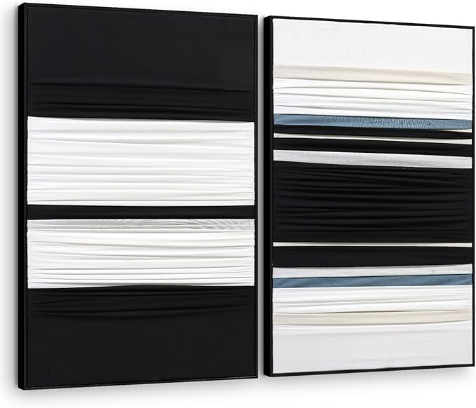 Textured Abstract Fabric Wall Art 3D Canvas Black and White Decor - Dimensional Minimalist Drape Modern Contemporary Living Room Bedroom Office Decor, Framed Set of 2-24"x36" Each - Ready to Hang
