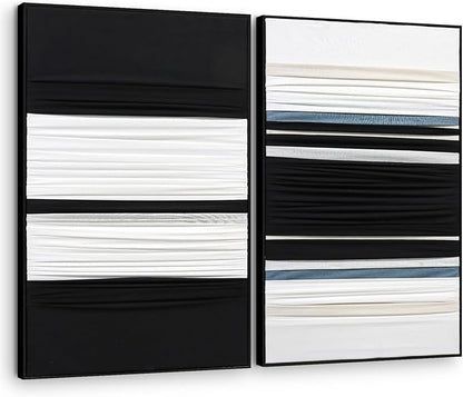 Textured Abstract Fabric Wall Art 3D Canvas Black and White Decor - Dimensional Minimalist Drape Modern Contemporary Living Room Bedroom Office Decor, Framed Set of 2-24"x36" Each - Ready to Hang