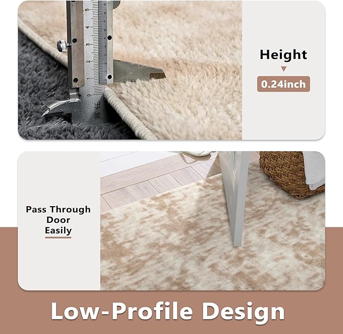FinRèc 4x6 Washable Area Rugs for Bedroom Living Room, Low Pile Thin Ultra Soft Shag Rug, Non-Slip Carpet Indoor for Home Decor (Tie-dye Light Tan)