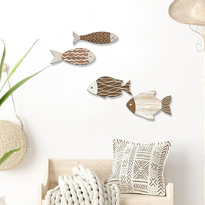 4 Pieces Wooden Fish Wall Decor Set, 12 Inch Coastal Wall Art for Bathroom, Beach House, Family Rooms - with Hooks & Adhesive Pads (Brown)