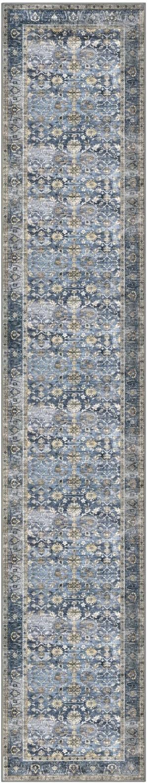 KUTA Vintage Washable Runner Rug 2.6x14, Non-Slip Hallway Kitchen Runners Blue Grey Beige with Rubber Backing, Ultra Soft Printed Distressed Extra Long 14ft Carpet Rugs Indoor for Stairs