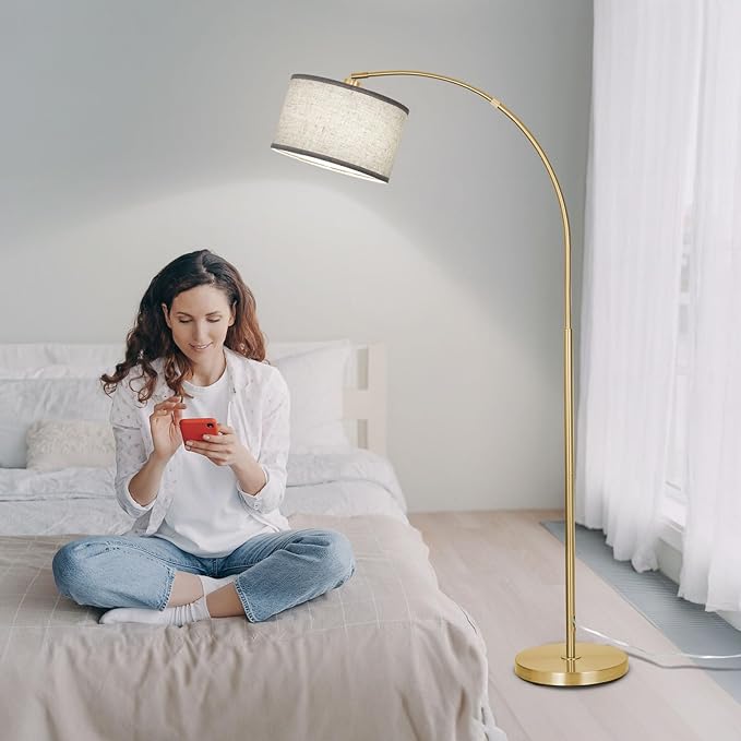 DWTB Gold Arc Floor Lamp for Living Room, Floor Lamp with Adjustable Drum Lampshade, Modern Tall Standing Lamp with Foot Switch, Over Couch Arched Pole Lamps for Reading Bedroom, 8W LED Bulb Included