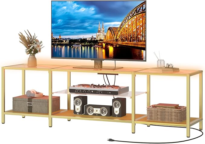HOOBRO TV Stand with LED Lights and Power Outlets for TVs up to 75", Modern 70.9 Inch Tempered Glass TV Console Table with Open Shelves, Media Entertainment Center for Living Room, Gold GD185UDS01