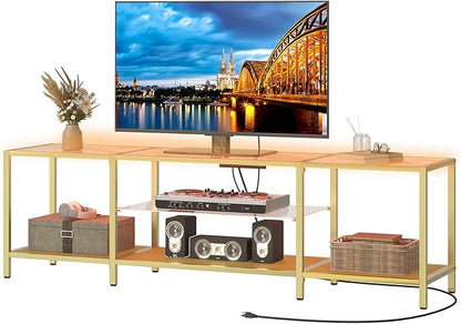 HOOBRO TV Stand with LED Lights and Power Outlets for TVs up to 75", Modern 70.9 Inch Tempered Glass TV Console Table with Open Shelves, Media Entertainment Center for Living Room, Gold GD185UDS01