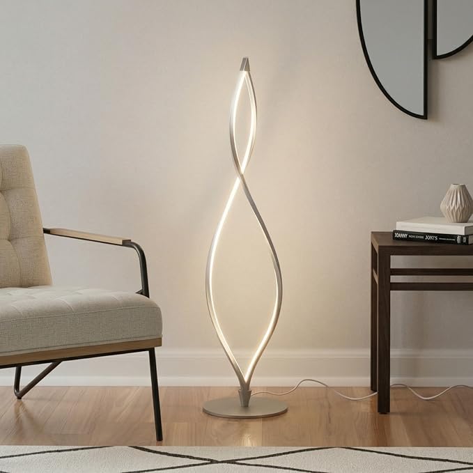 Brightech Twist Floor Lamp, Bright Tall Lamp for Offices, Modern LED Spiral Lamp for Living Rooms, Dimmable Standing Lamp with Sturdy Base for Bedroom Reading, Great Living Room Decor - Silver