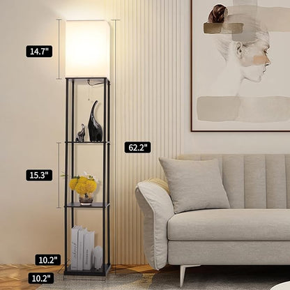 Gupuzm Floor Lamp with Shelves, Modern Square Standing Lamp with 3 Color Temperature Bulb, Corner Display Bookshelf Lamp for Living Room, Bedroom and Office (Black-2 Pack)