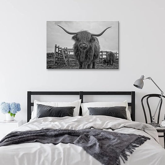 Highland Cow Wall Art Black and White Large Canvas Picture Animal Poster Framed Art Wall Decor for Living Room Bathroom (28x44 inch)