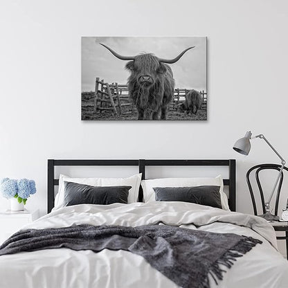 SKASNFAI Highland Cow Wall Art Black and White Canvas Picture Animal Poster Framed Art Wall Decor for Living Room Bathroom (20x30 inch)
