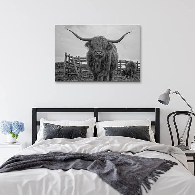 Highland Cow Wall Art Black and White Canvas Picture Animal Poster Framed Art Wall Decor for Living Room Bathroom (12x16 inch)