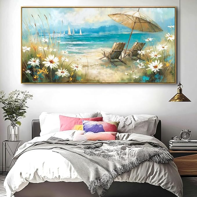 Beach Landscape Wall Art - Framed Modern Canvas Painting for Living Room, Bedroom Home Office Decor, 60x30 Inch Ready to Hang