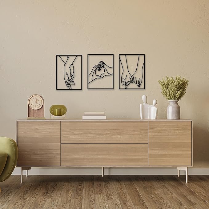 EDCIJB 3 Pcs Minimalist Heart Hands Black Metal Wall Decor Single Line Wall Art Abstract Metal Wall Art Decor for Bedroom Livingroom,Bathroom,Decor for Couples